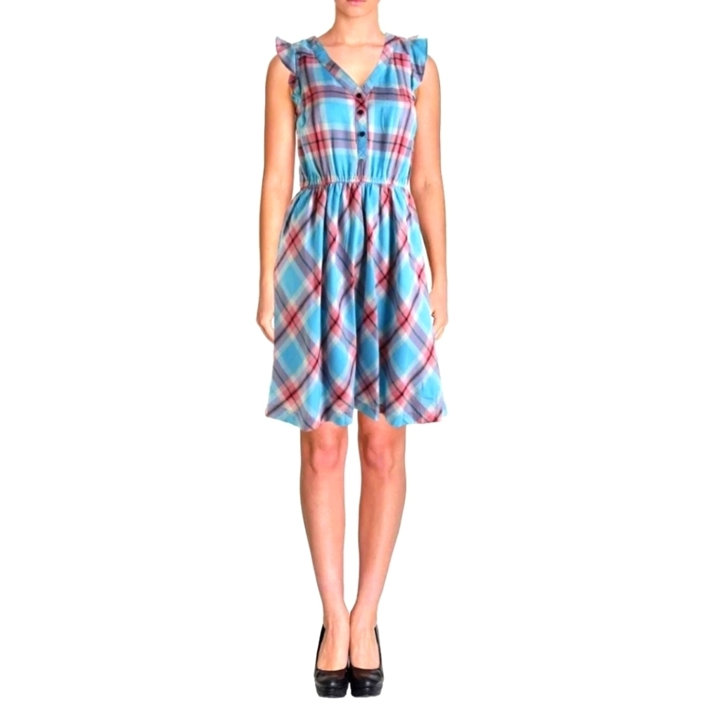 Kensie Blue Pink Plaid Ruffled Sleeveless Sundress V Neck Fit Flare Size Small